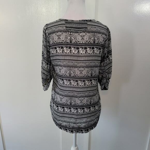Angie Size L Black White Elephant Print Sheer Blouse with Brass Detail - Picture 4 of 10